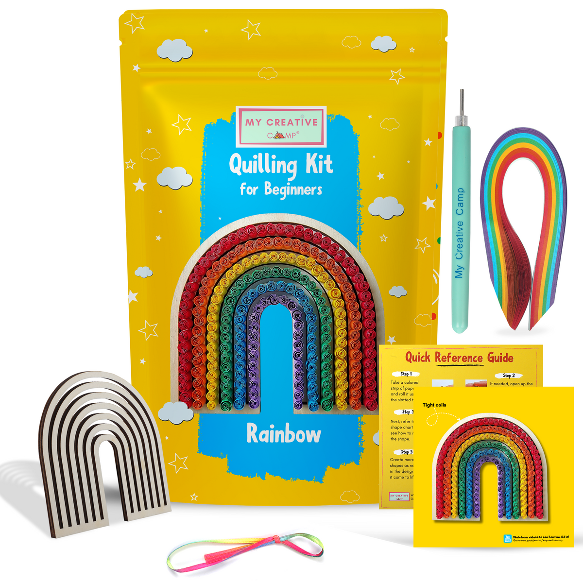 Paper quilling kit for beginners with rainbow design, quilling tool, and paper strips