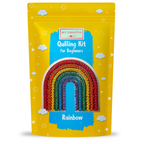 Quilling kit packaging with rainbow design on a yellow background
Rainbow paper quilling kit for beginners with colorful rolled paper rainbow design