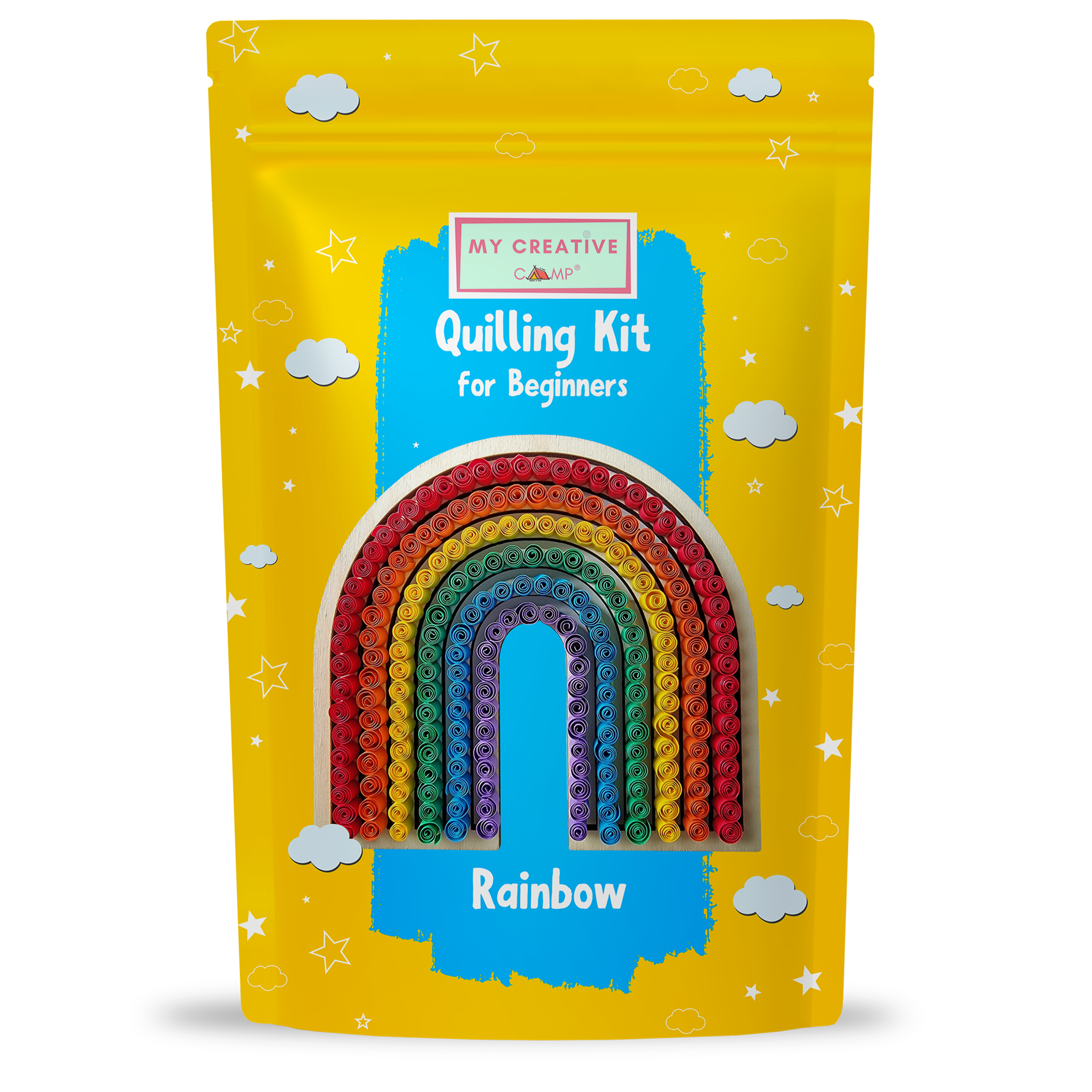 Quilling kit packaging with rainbow design on a yellow background
Rainbow paper quilling kit for beginners with colorful rolled paper rainbow design