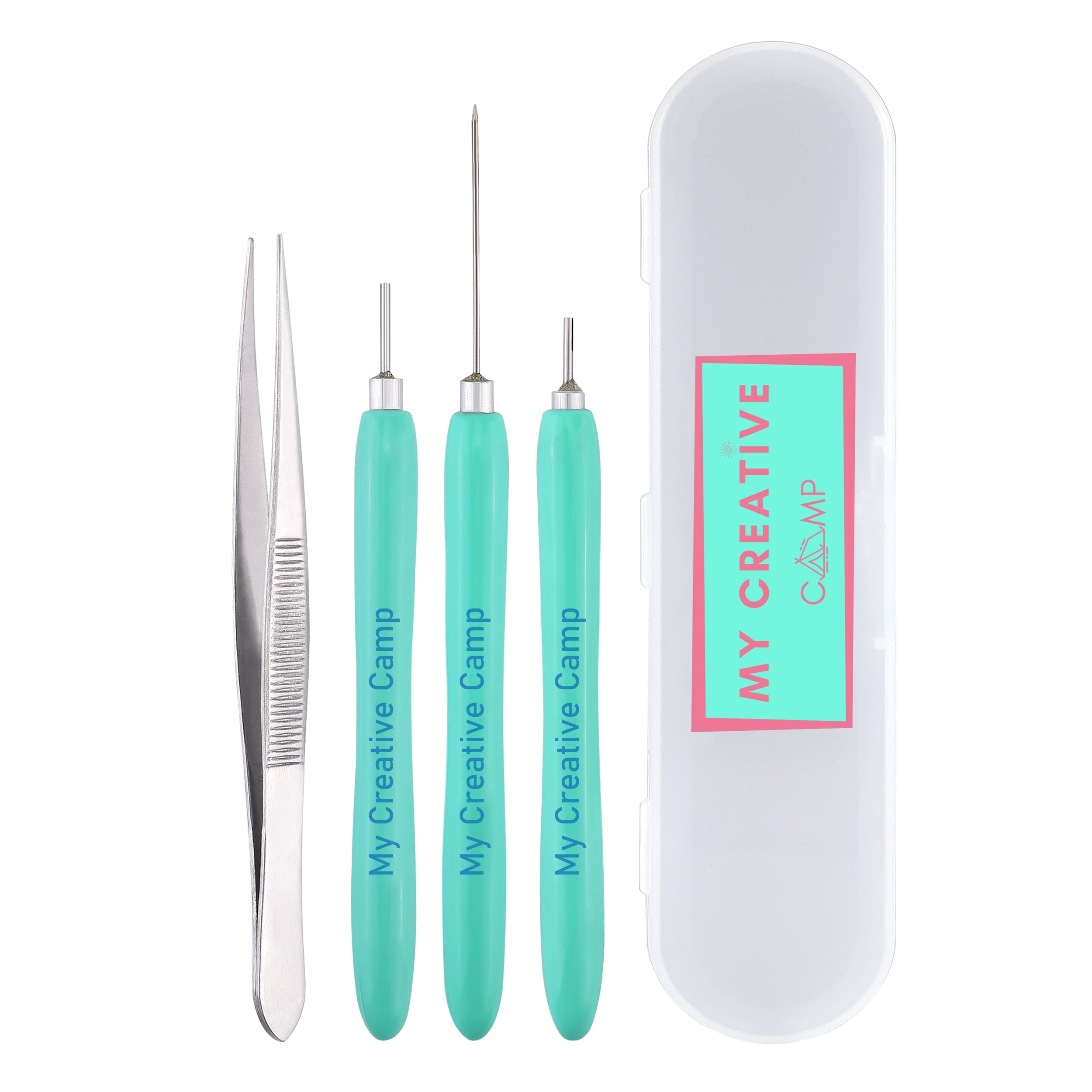 Set of tools with turquoise handles labeled 'My Creative Camp' on a white background.