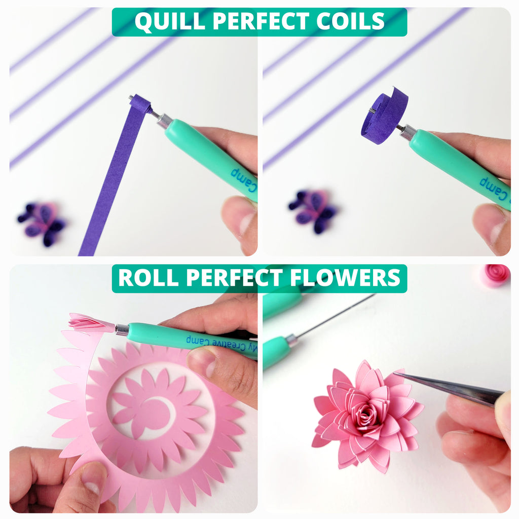 Step-by-step process of using a quilling tool to create coils and flowers on a white background. paper quilling needle tool.