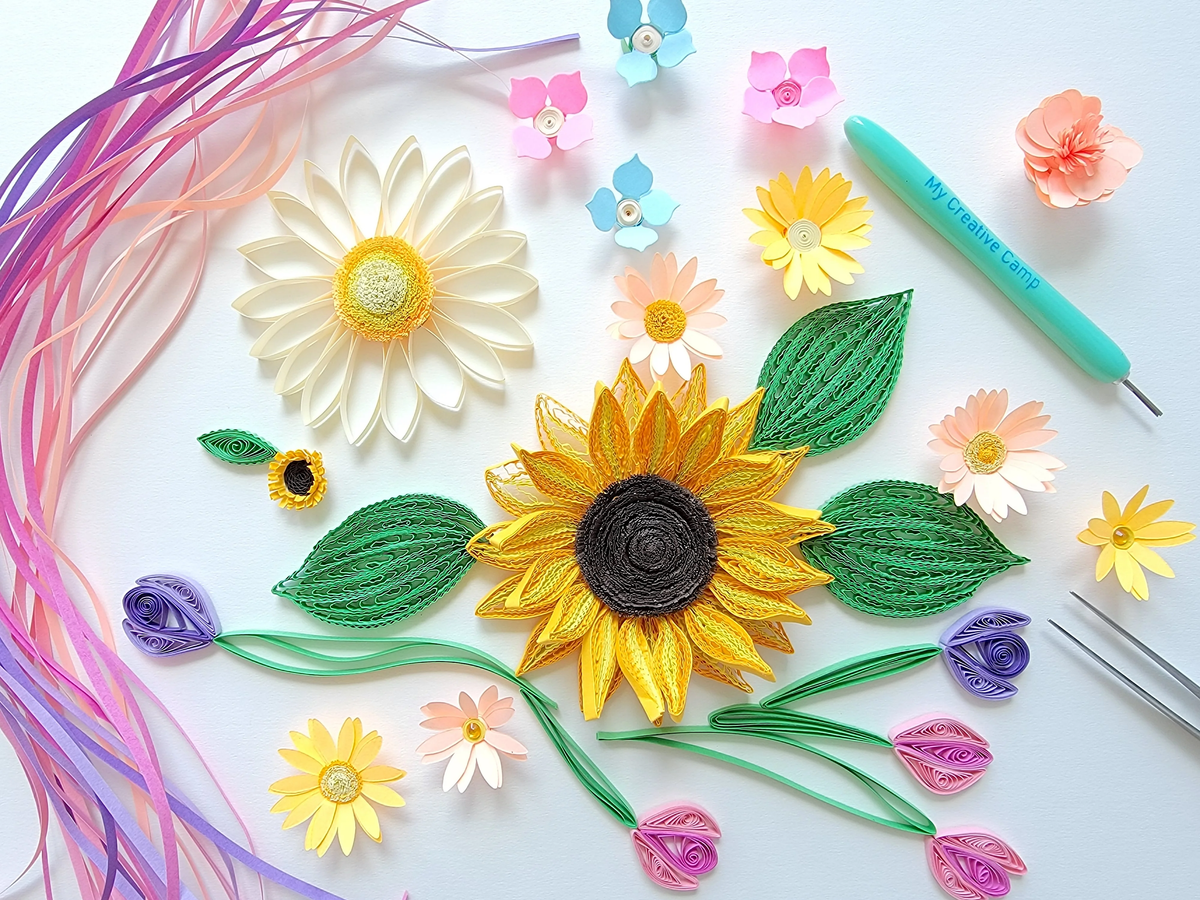 Paper quilling sunflower and flowers art