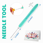 Needle tool with measurements and a sample design on a white background
