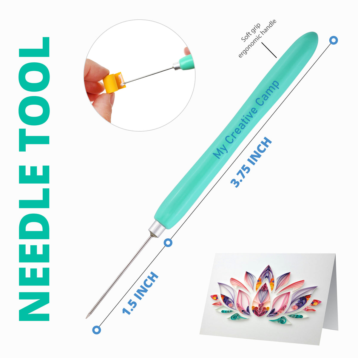 Needle tool with measurements and a sample design on a white background