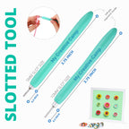 Teal slotted tool with measurements and a small project on a white background