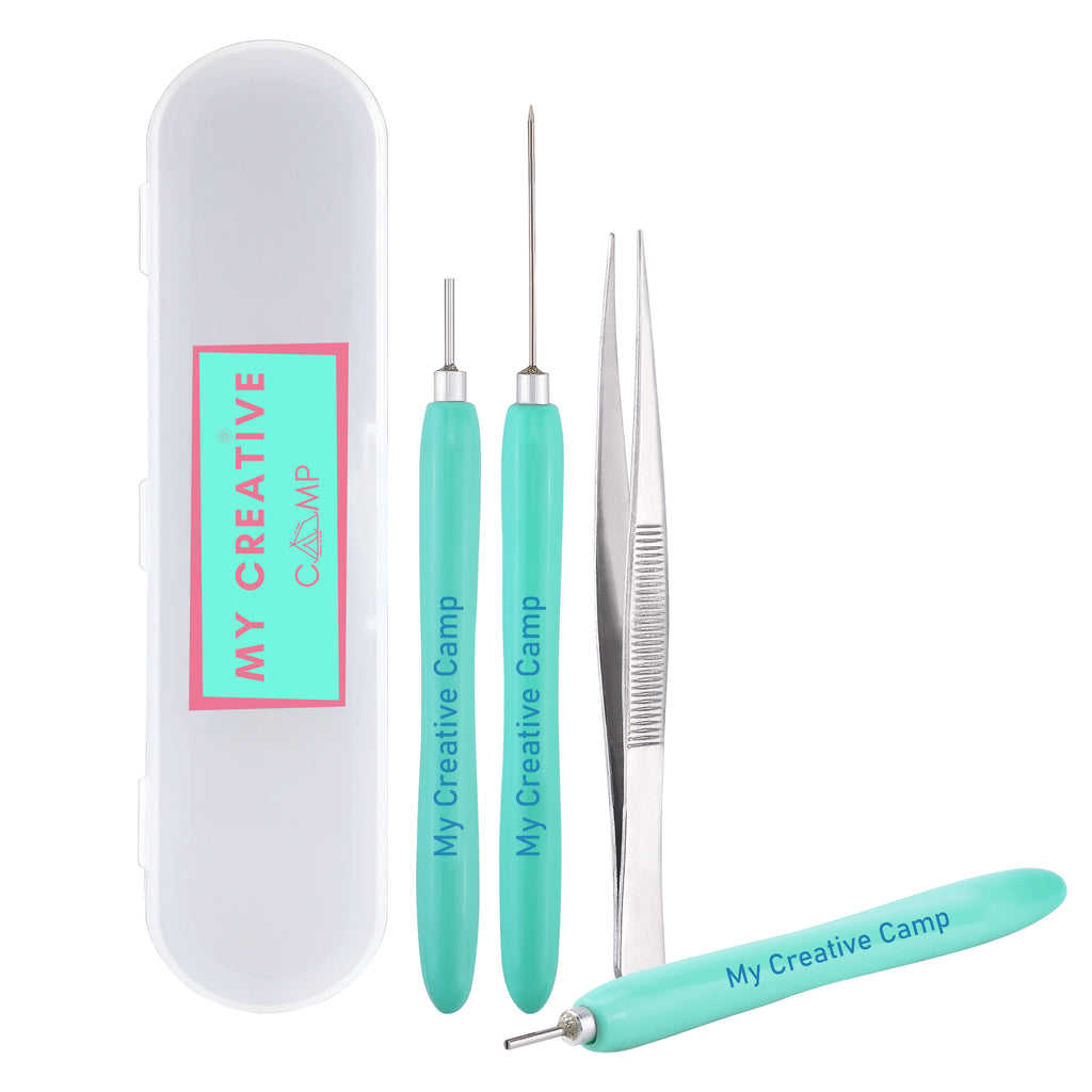 Set of tools with 'My Creative Camp' branding on a white background. best paper quilling tools.