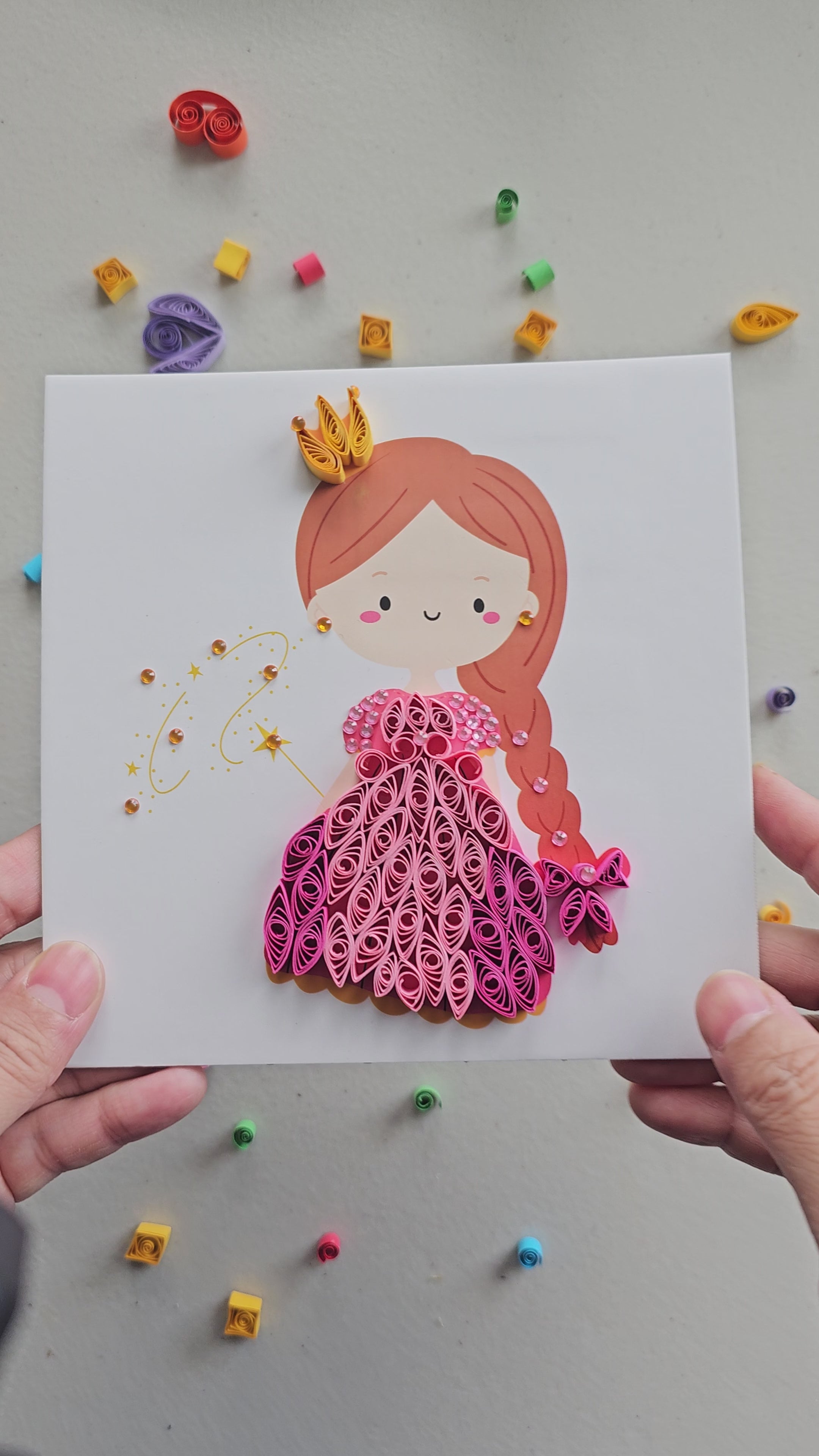 Finished princess paper quilling art made with a beginner DIY paper craft kit