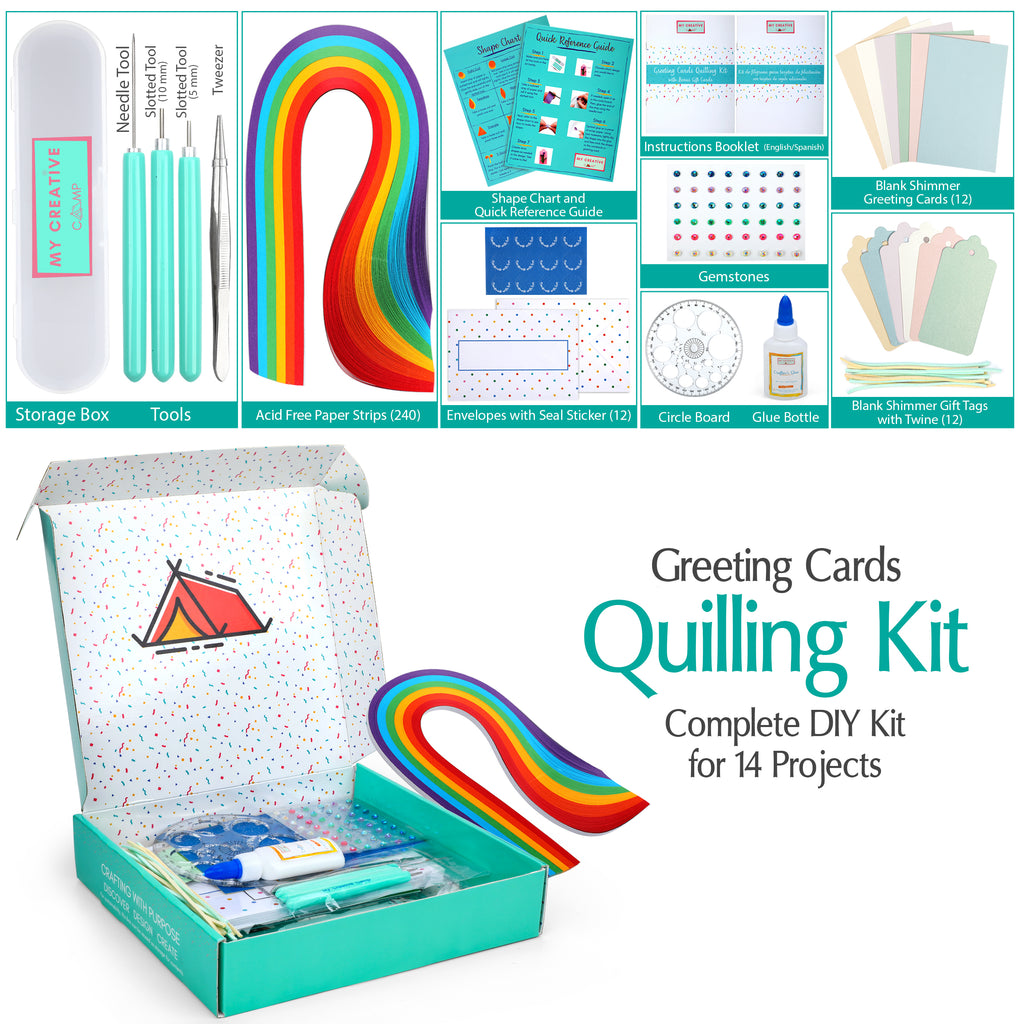 Greeting cards quilling kit with colorful tools and materials on a white background.
Paper quilling greeting card kit contents including quilling strips, tools, blank cards, envelopes, and instructions