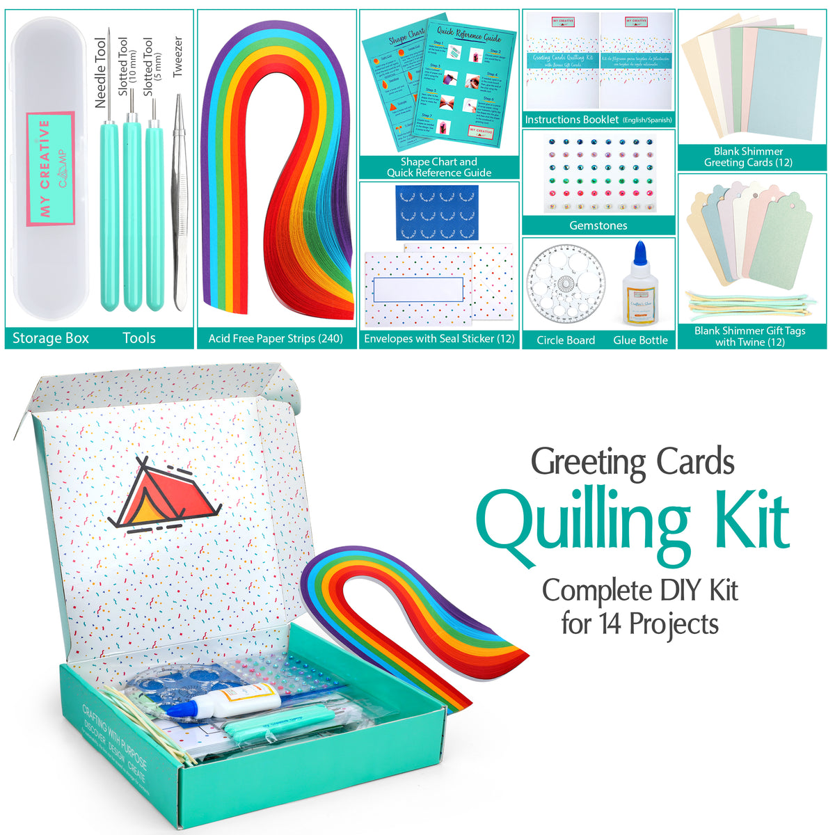 Paper quilling greeting card kit contents including quilling strips, tools, blank cards, envelopes, and instructions
