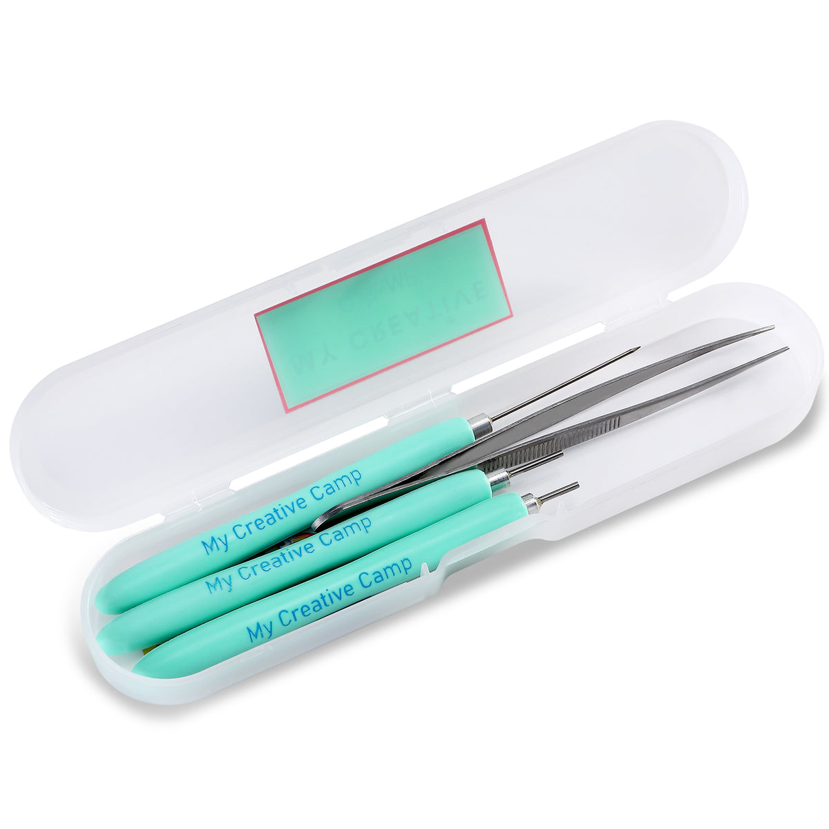 Set of tweezers with turquoise handles in a white case on a white background. storage box image.